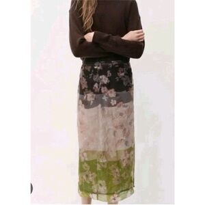 Zara Midi Pencil Skirt organza in brown, cream, olive green floral pattern